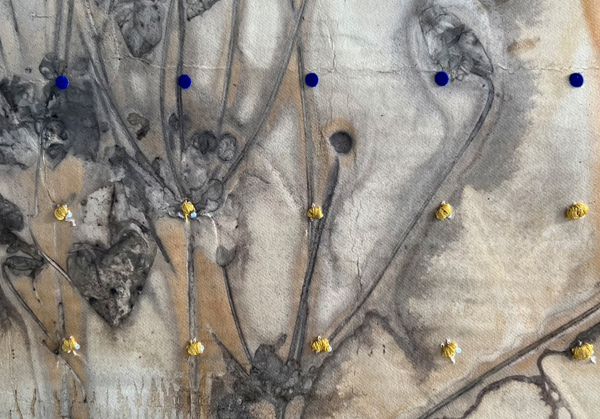 workingbert-wallhanging-nr-4-plant-print-on-rag-paper-gold-embroidery.-flock detail front workingbert-wallhanging-nr-4-plant-print-on-rag-paper-gold-embroidery.-flock. 185 x 110 x23 cm plant print on rag paper, 